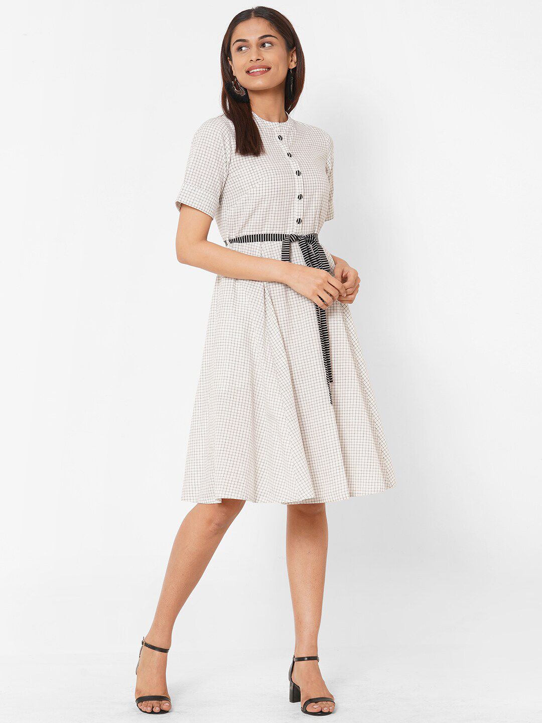 KAMI KUBI White & Black Checked Dress With Belt Price in India