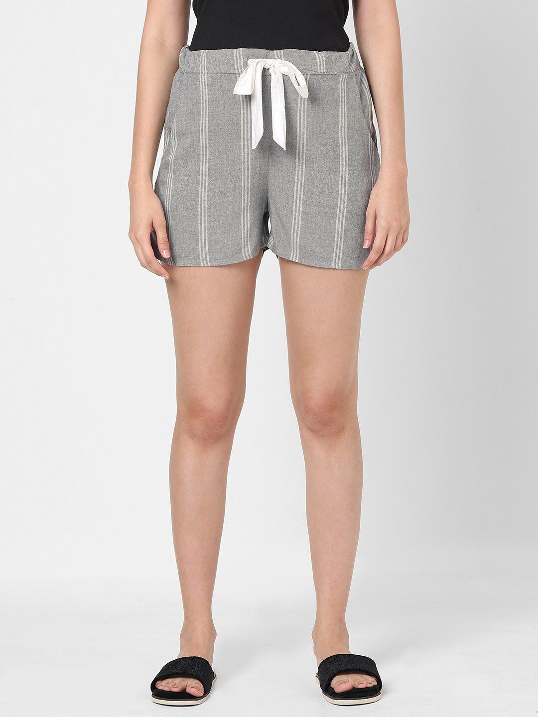 Mystere Paris Women Grey & White Striped Lounge Shorts Price in India