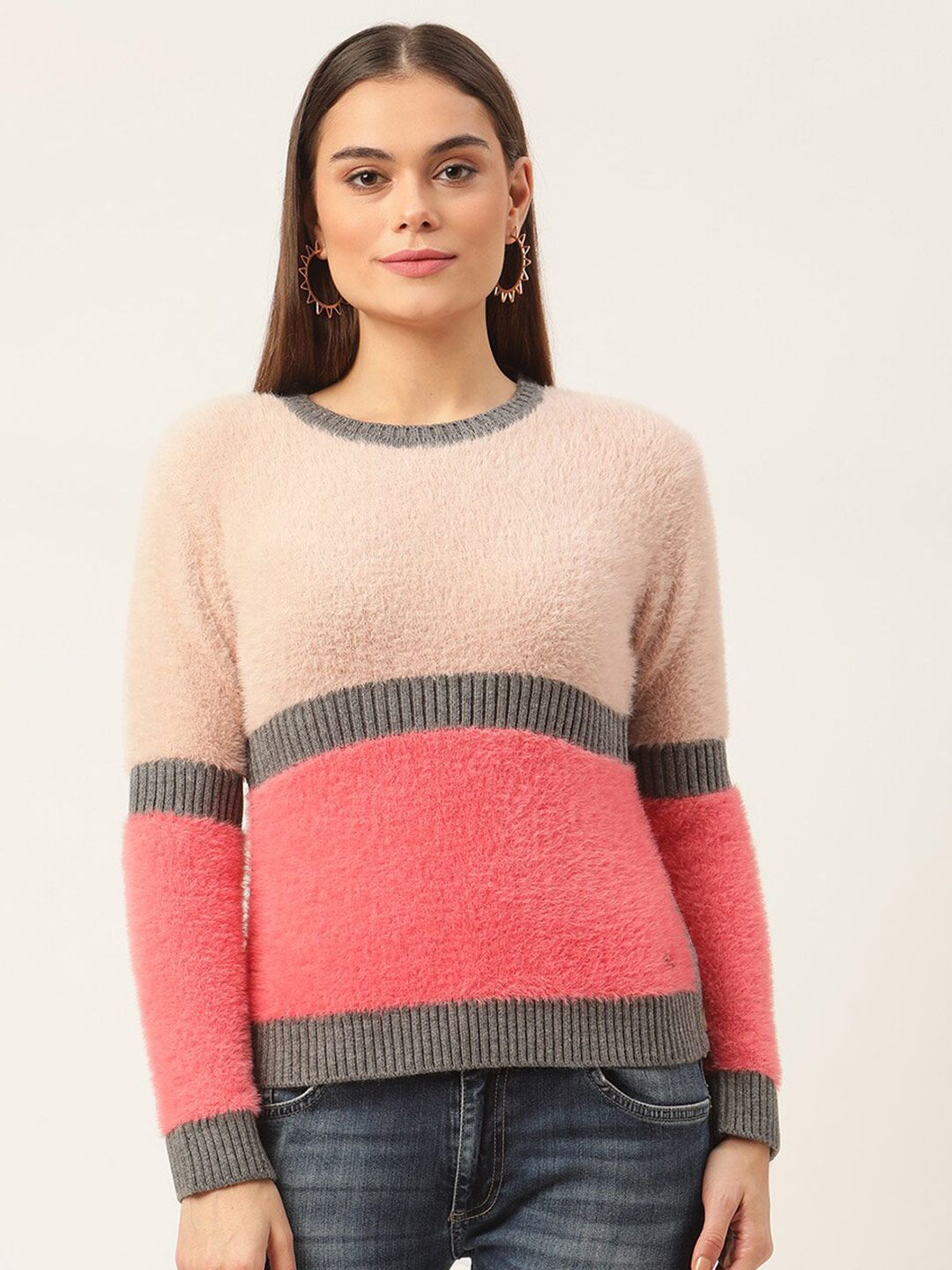 ELLE Women Pink & Grey Colourblocked Pullover with Fuzzy Detail Price in India
