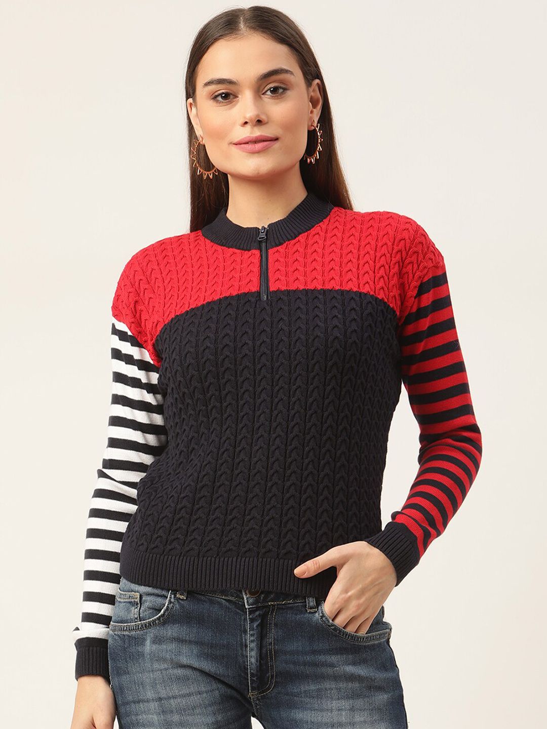 ELLE Women Black & Red Cable Knit Pullover Price in India