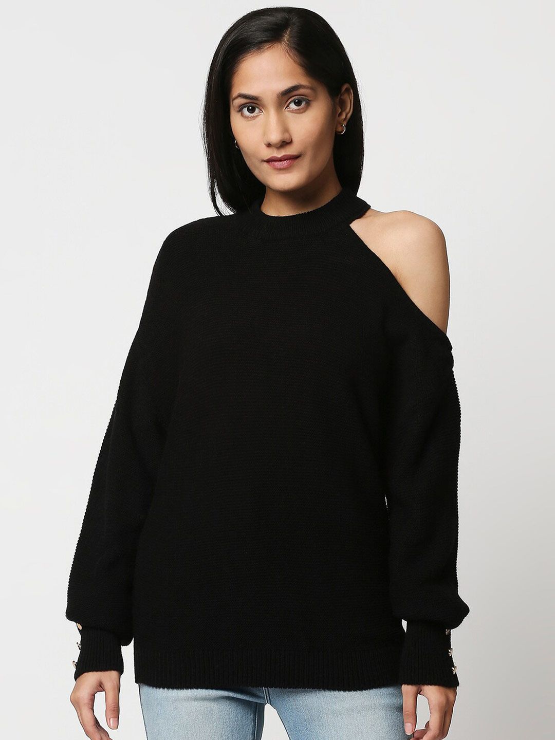 20Dresses Women Black Solid Ribbed Sweater Price in India