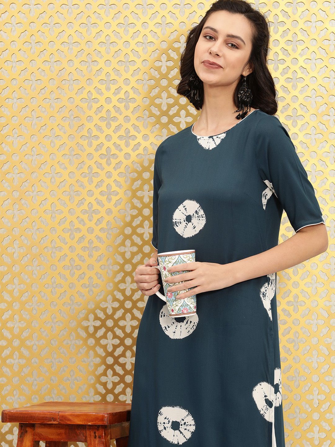 Ode by House of Pataudi Women Teal Blue Printed Straight Rozana Kurta with Palazzos Price in India