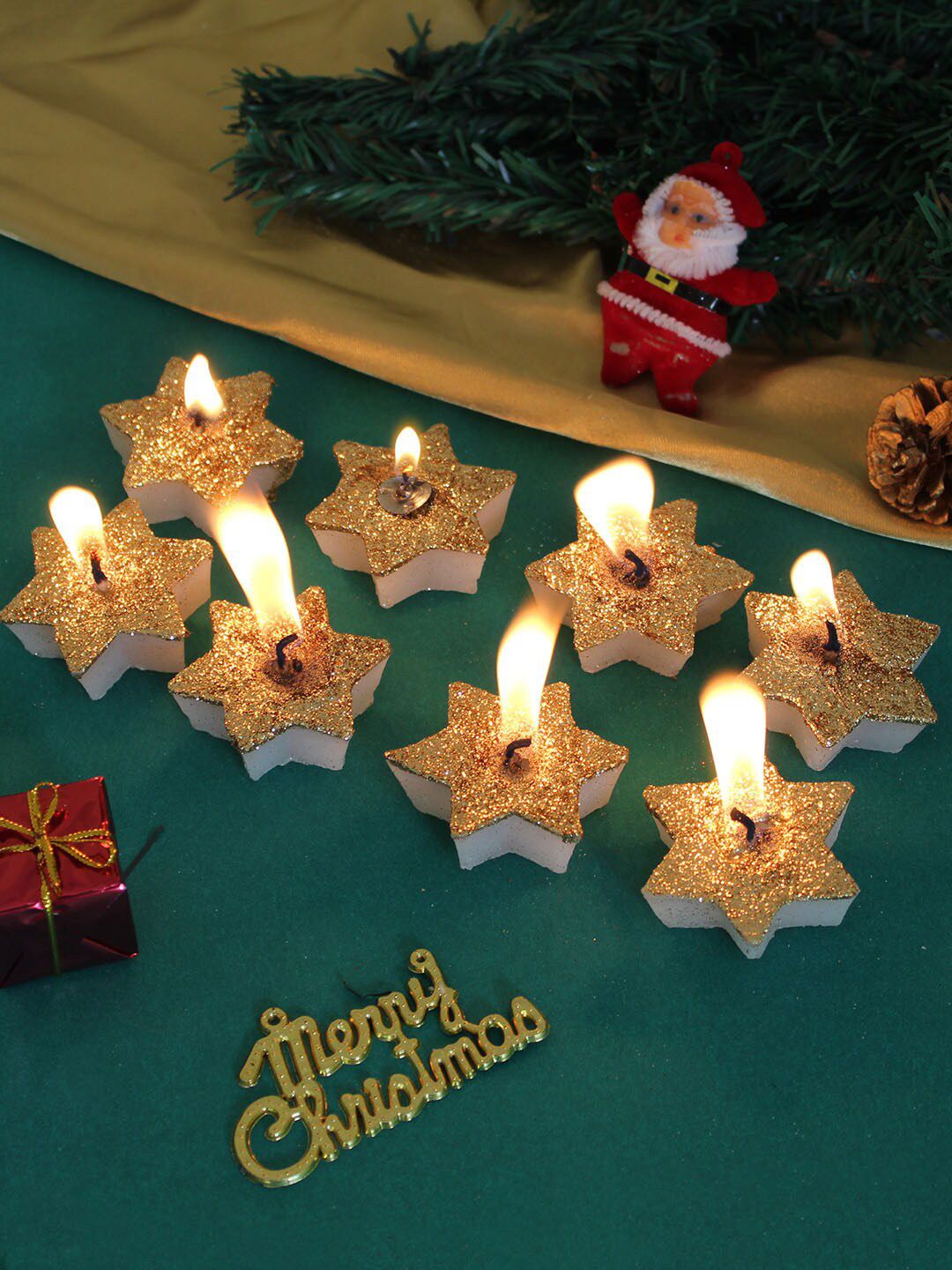 TIED RIBBONS Set Of 8 Gold & White Glittered Christmas Star Candles Price in India