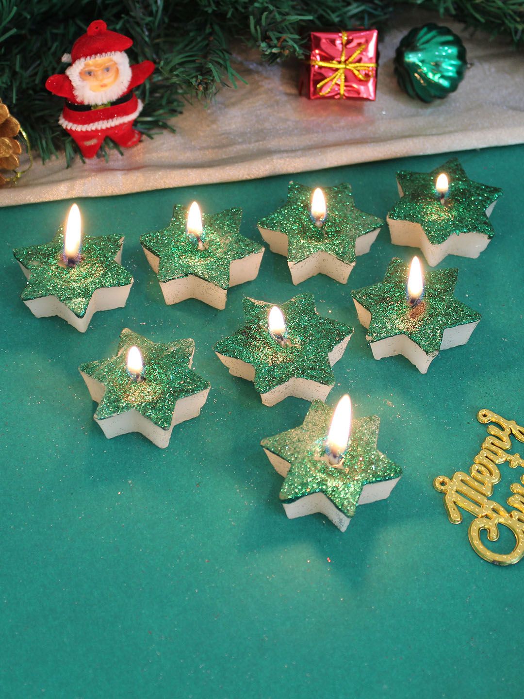 TIED RIBBONS Set of 8 Green & White Christmas Decoartion Star Glitter Candles Price in India