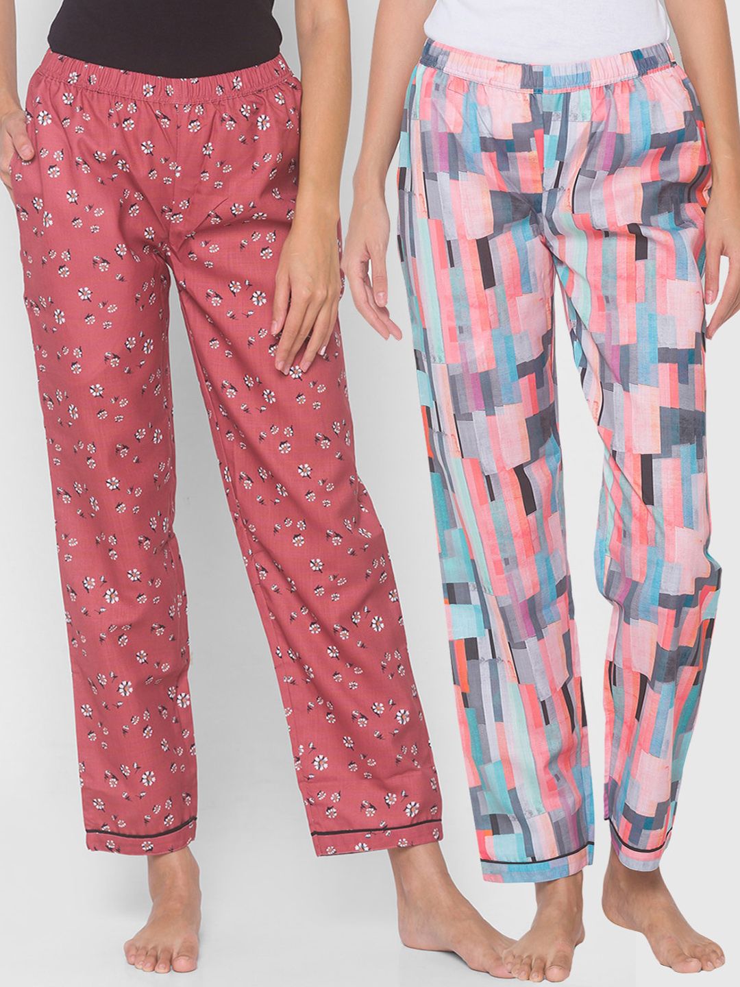 FashionRack Women Multicoloured Pack of 2 Printed Cotton Lounge Pants Price in India