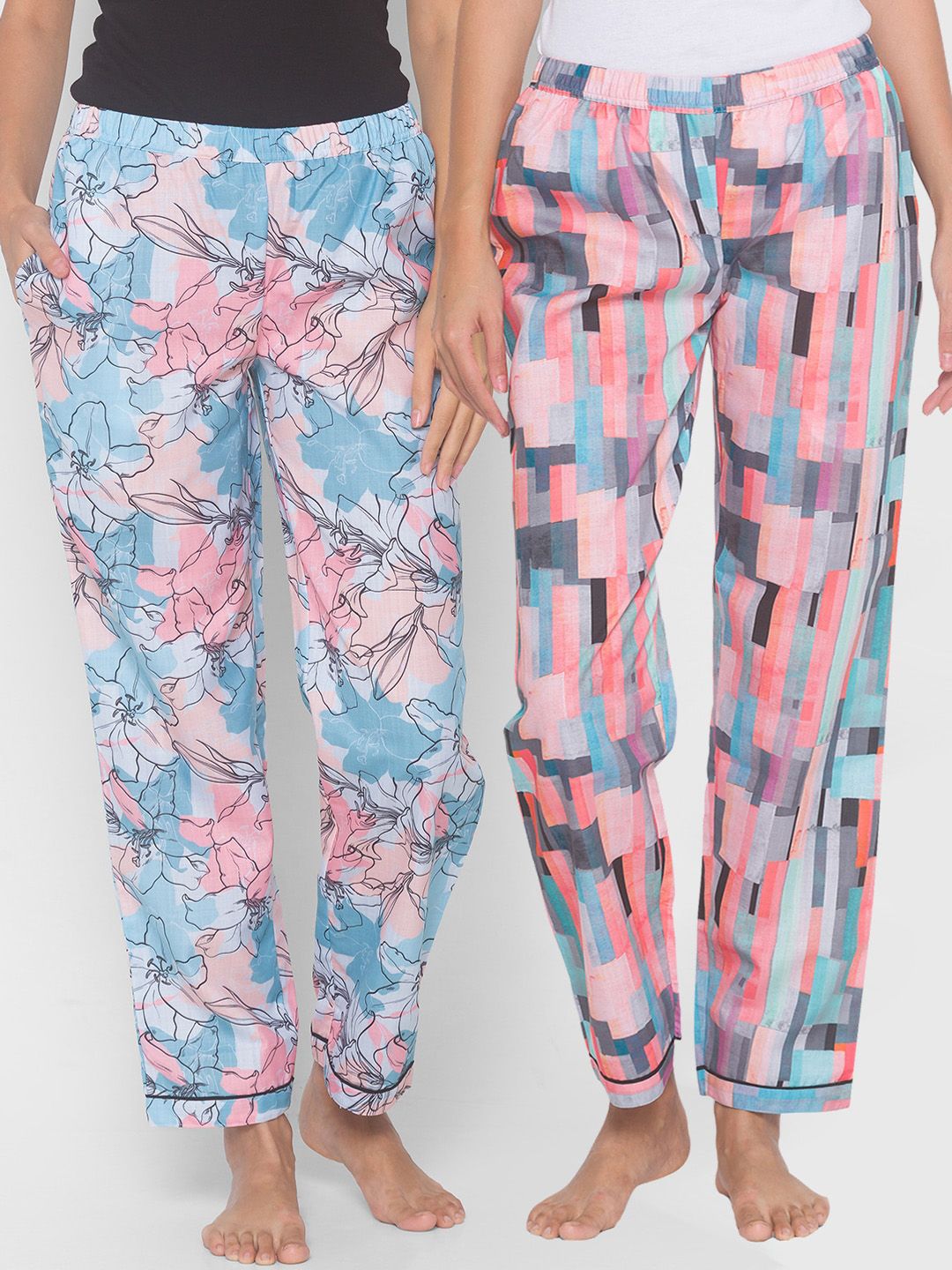 FashionRack Women Pack Of 2 Multicoloured Printed Cotton Lounge Pants Price in India