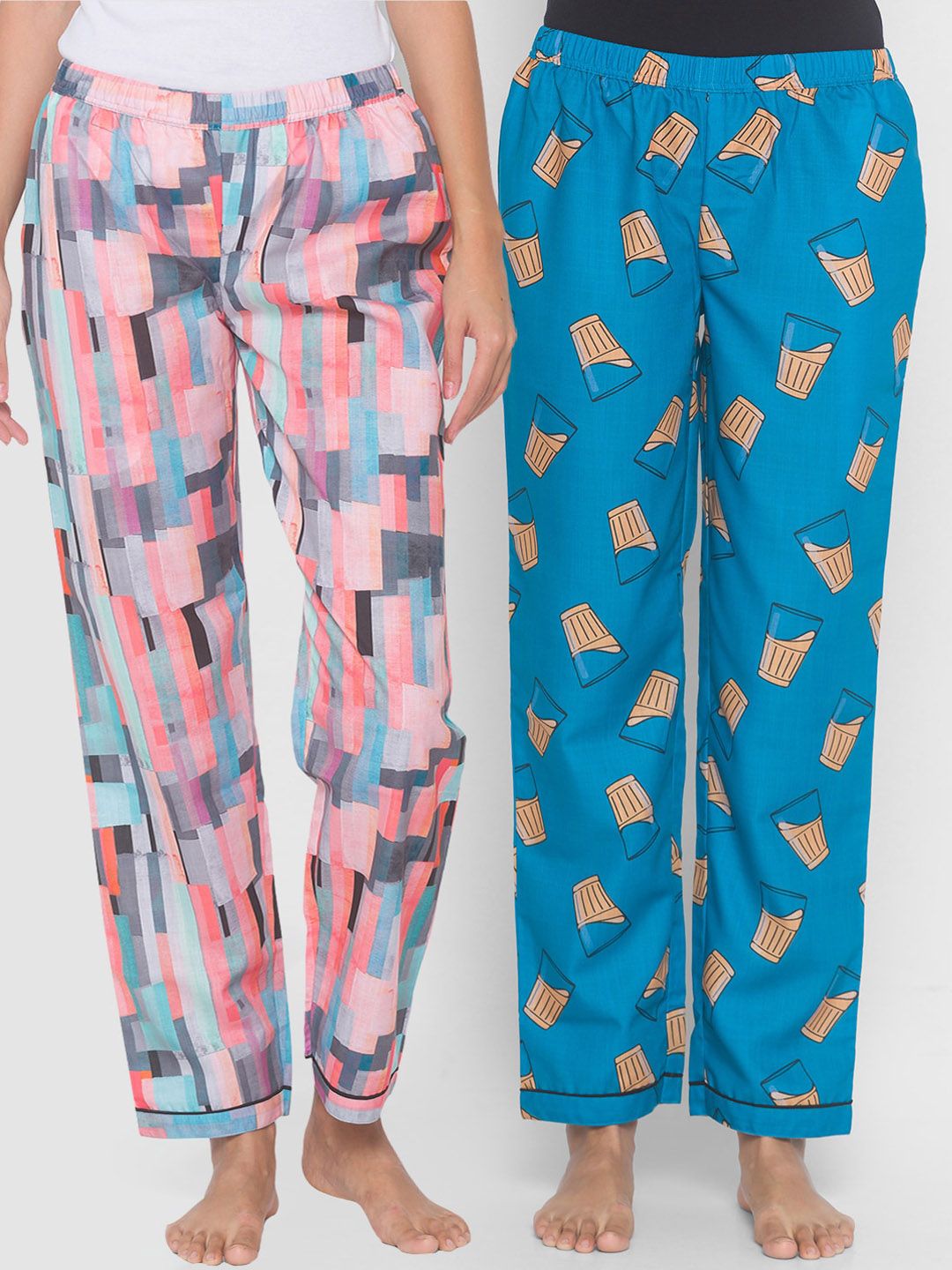 FashionRack Women Blue & Multicoloured Pack Of 2 Printed Lounge Pants Price in India