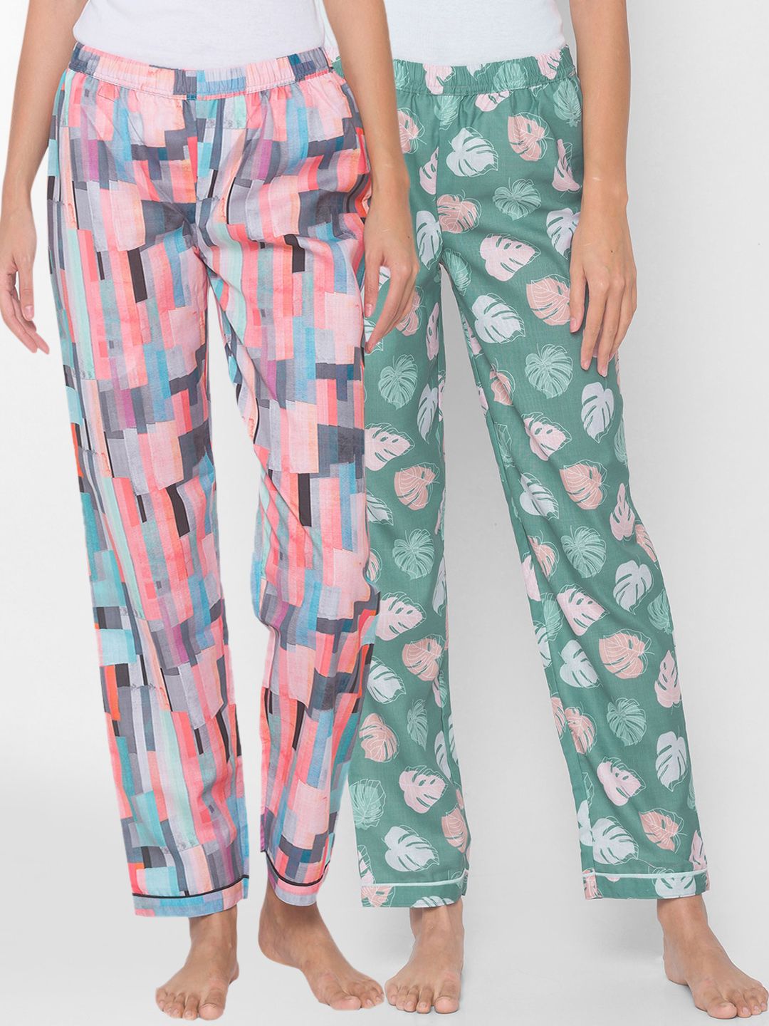 FashionRack Women Green & Multicoloured Pack Of 2 Printed Lounge Pants Price in India