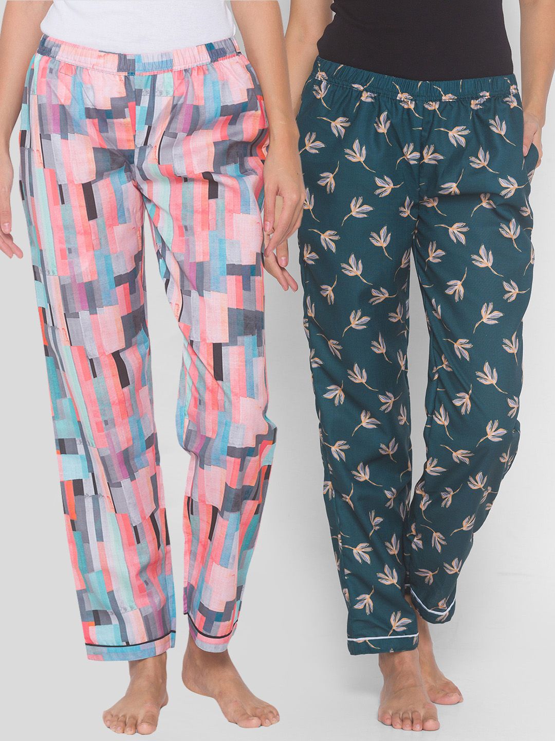 FashionRack Women Pack Of 2 Green & Pink Printed Cotton Lounge Pants Price in India