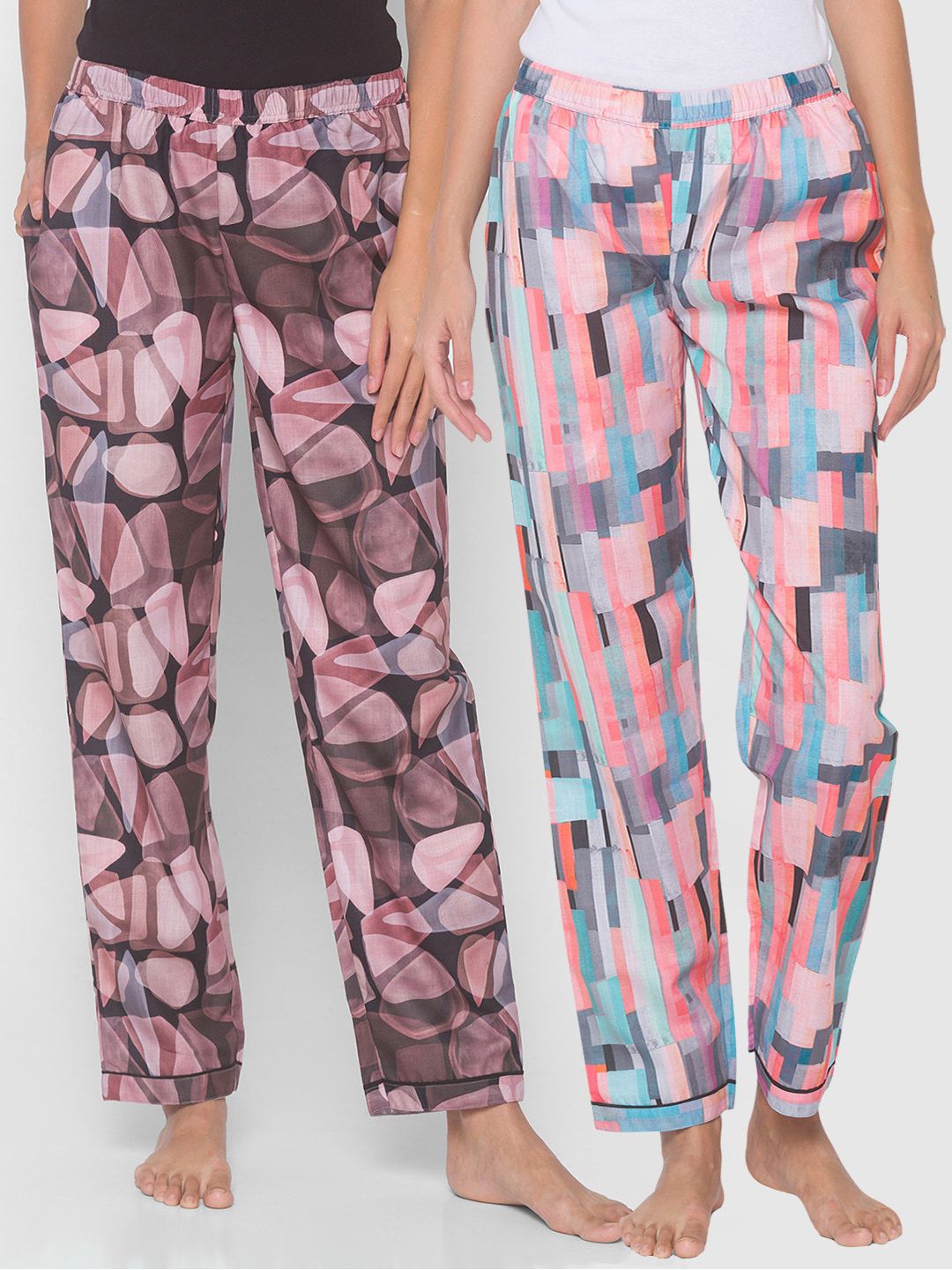 FashionRack Women Pink & Black Pack Of 2 Printed Lounge Pants Price in India