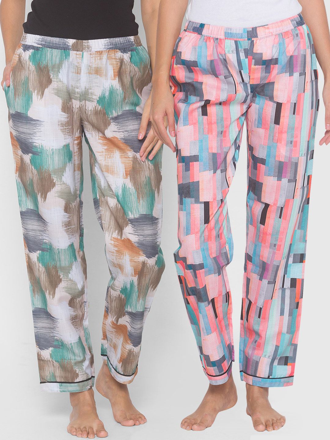 FashionRack Women Pack Of 2 Pink & Green Printed Cotton Lounge Pants Price in India