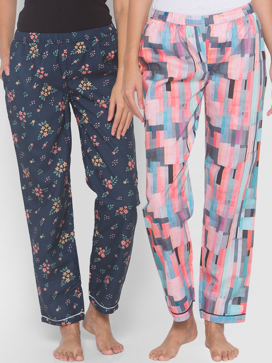 FashionRack Women Pack Of 2 Navy Blue & Pink Printed Cotton Lounge Pants Price in India