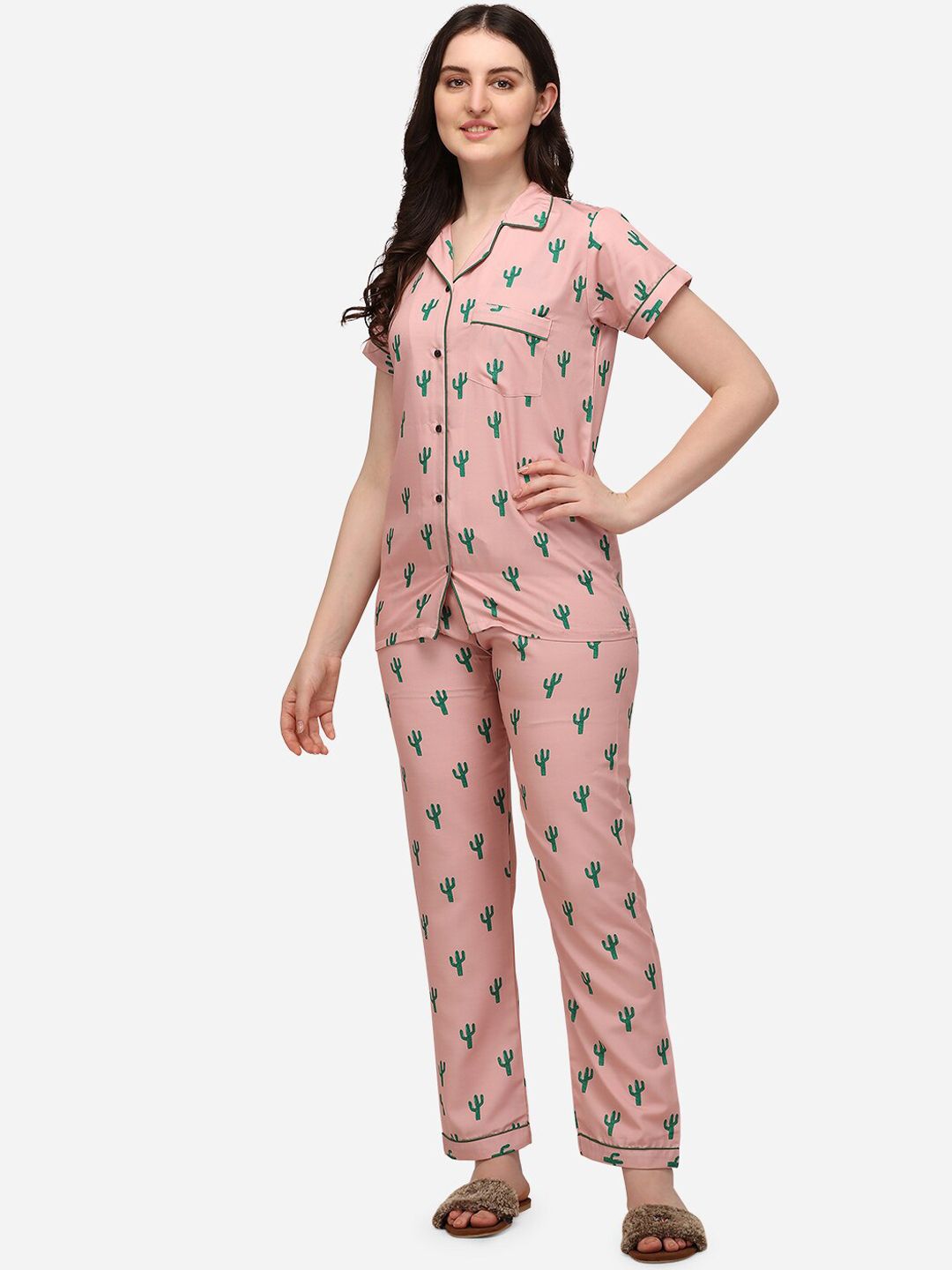 House of JAMMIES Women Peach-Coloured & Green Printed Night suit Price in India