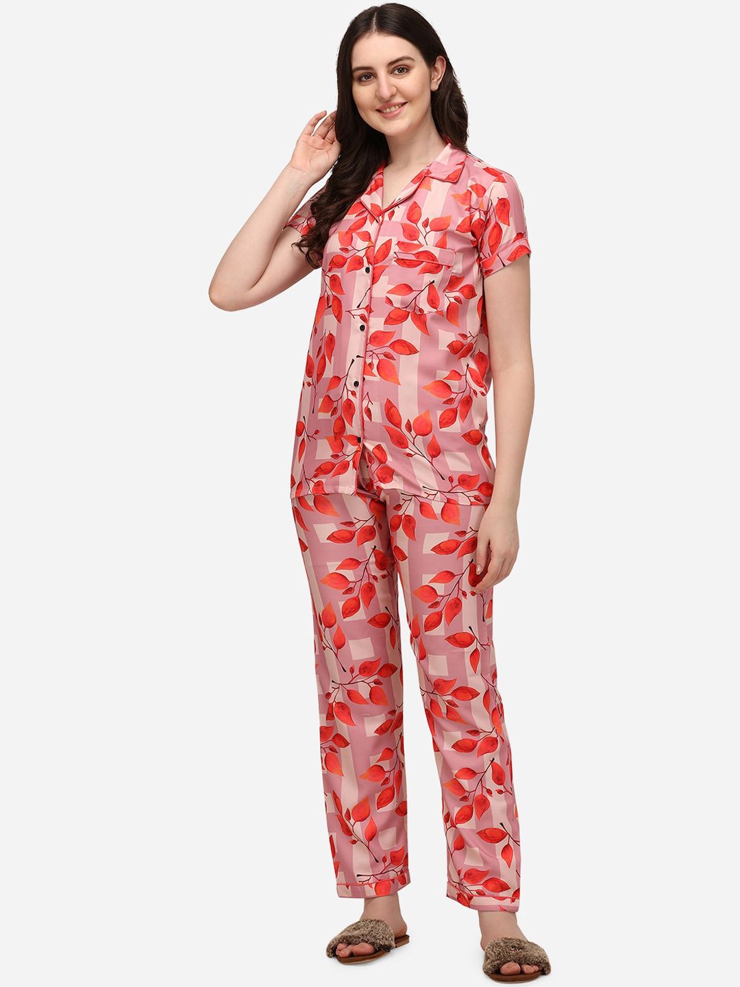 House of JAMMIES Women Red & Pink Printed Night suit Price in India