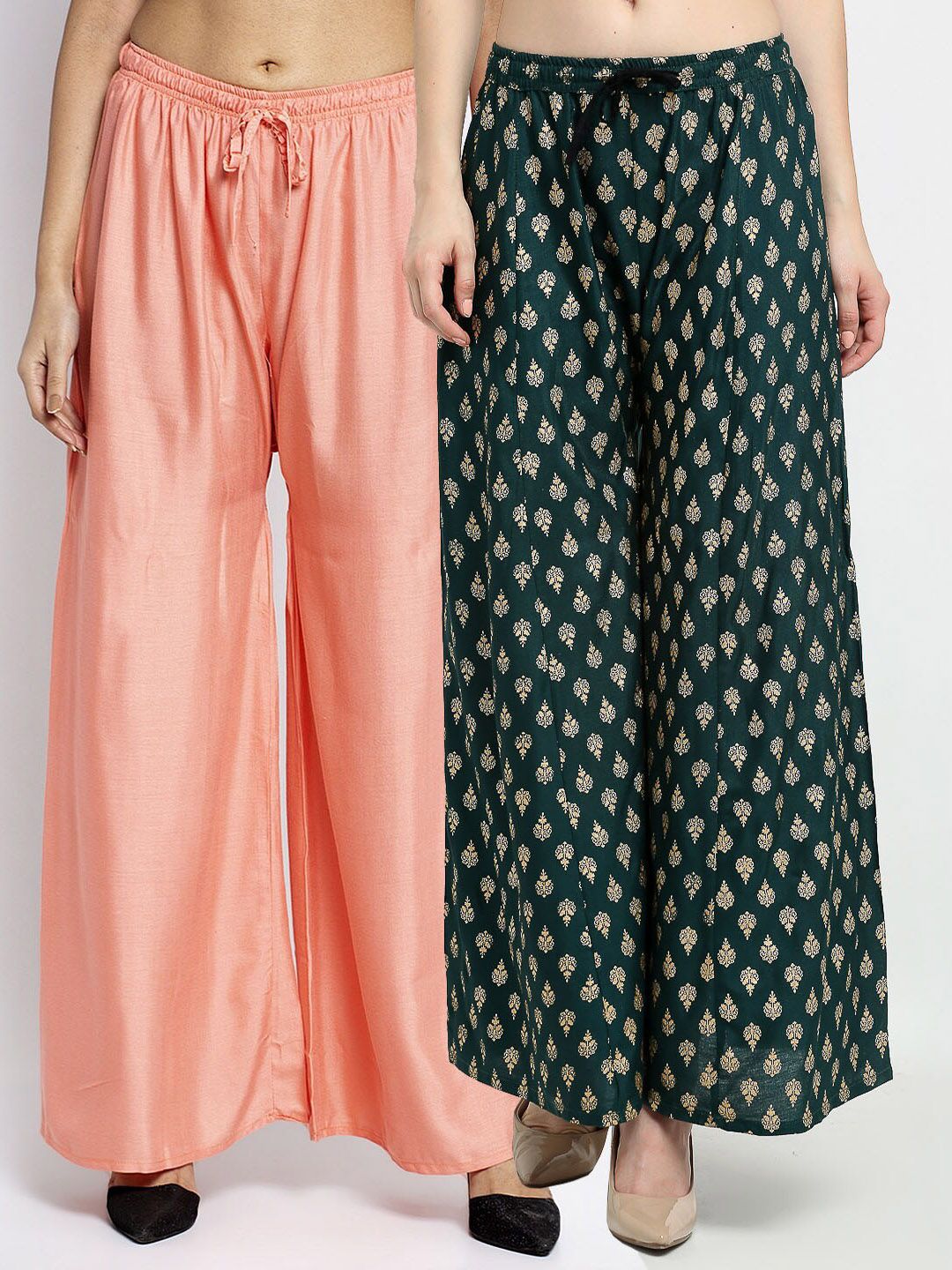 GRACIT Women Pack Of 2 Peach-Coloured & Green Printed Flared Knitted Ethnic Palazzos Price in India