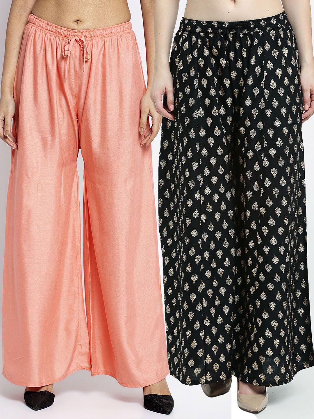 GRACIT Women Peach-Coloured & Black Set Of 2 Printed Flared Knitted Palazzos