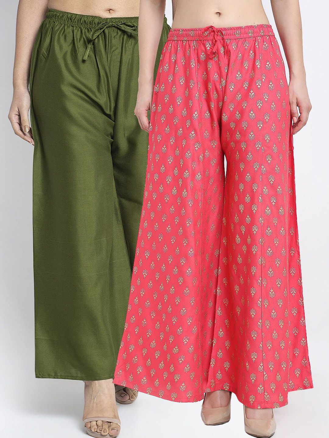 GRACIT Women Pack Of 2 Green & Pink Printed Flared Knitted Ethnic Palazzos Price in India