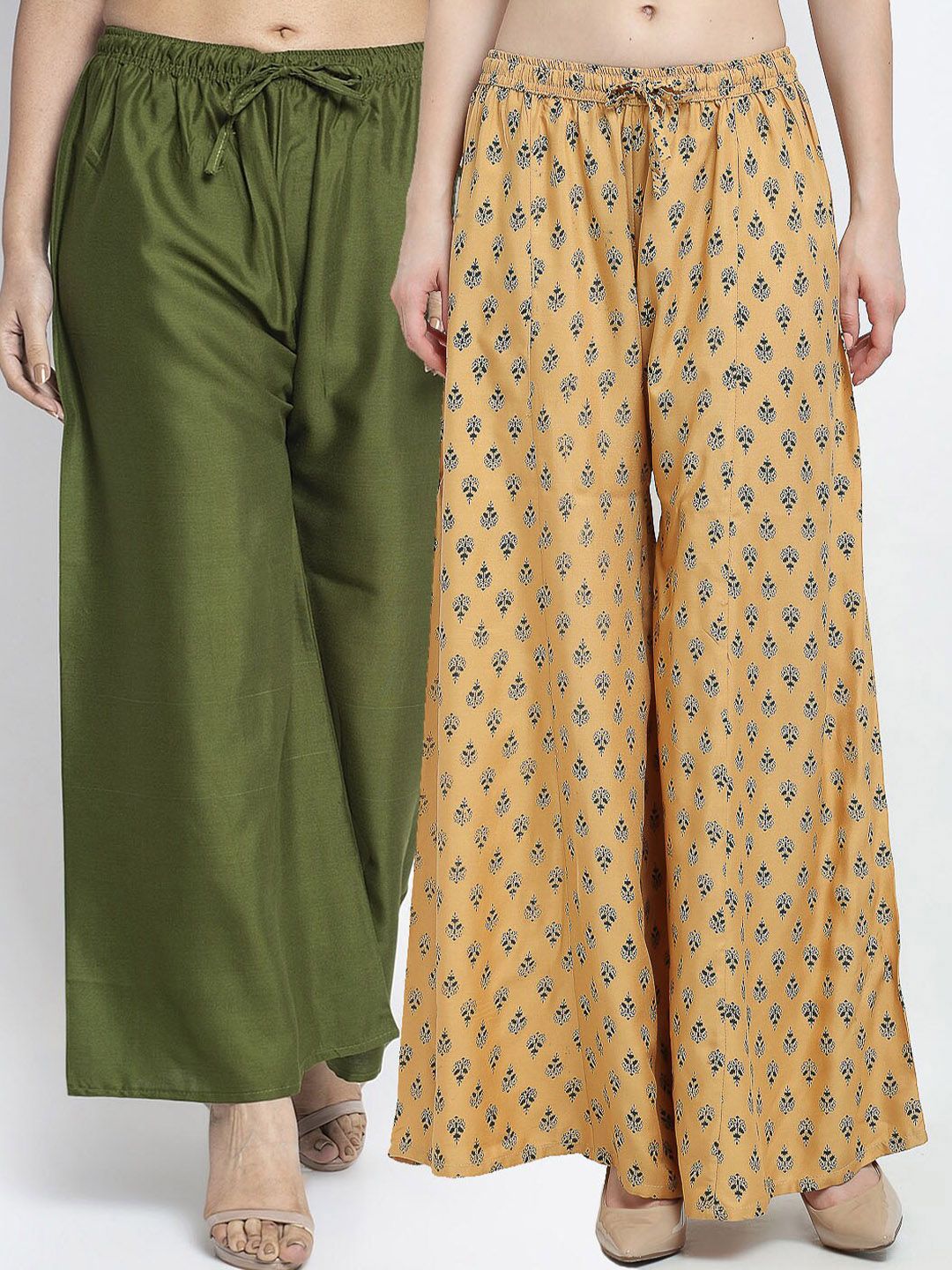 GRACIT Woman Pack of 2 Green & Beige Flared Knitted Ethnic Palazzos Price in India