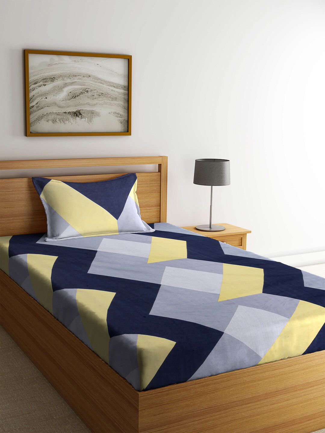 Arrabi Blue & Yellow Geometric 130 TC Single Bedsheet with 1 Pillow Covers Price in India