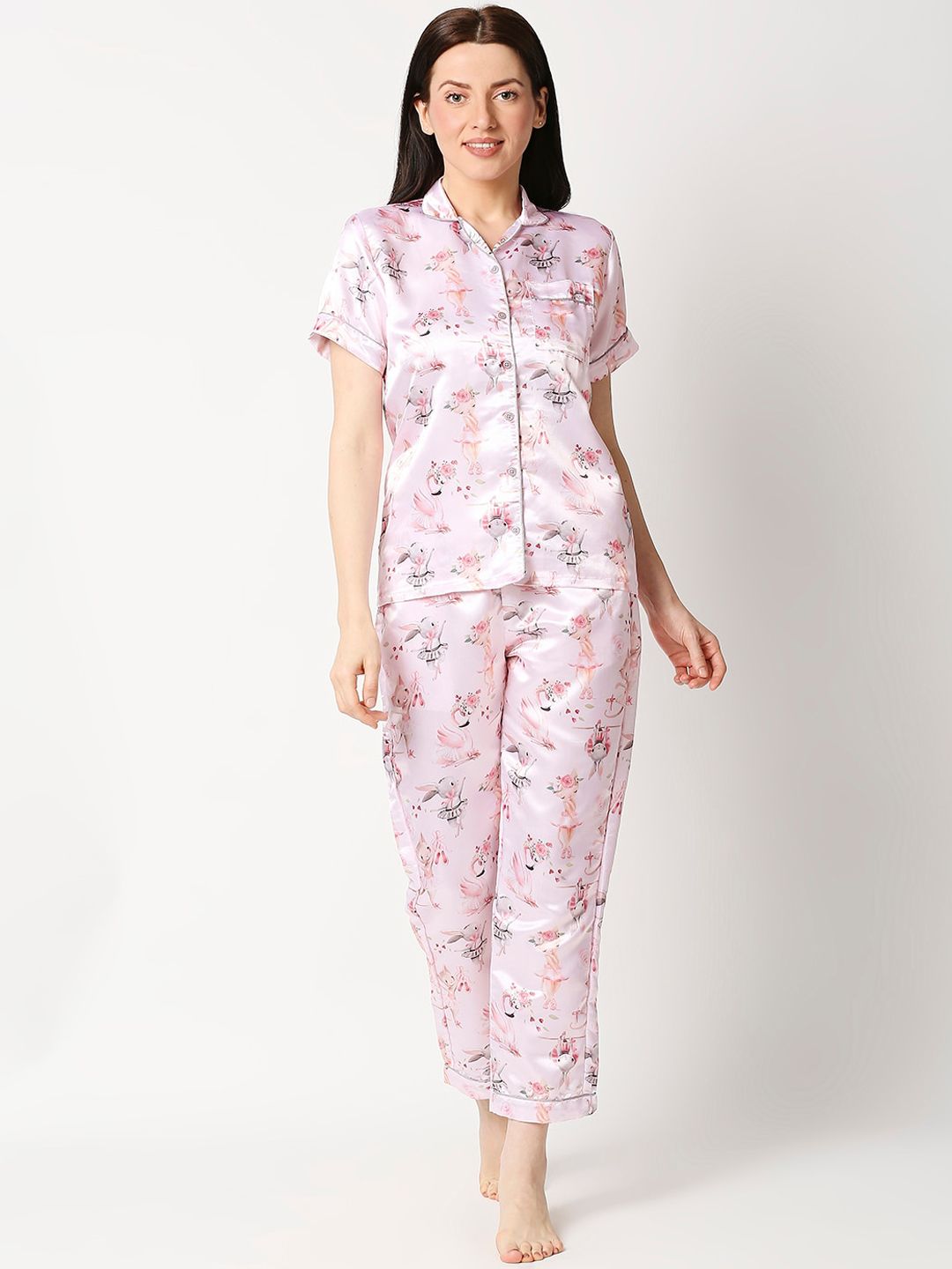 Pyjama Party Women Pink & Black Printed Night suit Price in India