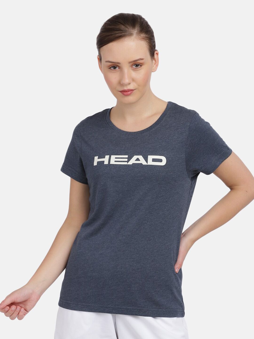 Head Women Navy Blue & White Brand Logo Printed Slim Fit Outdoor T-shirt Price in India