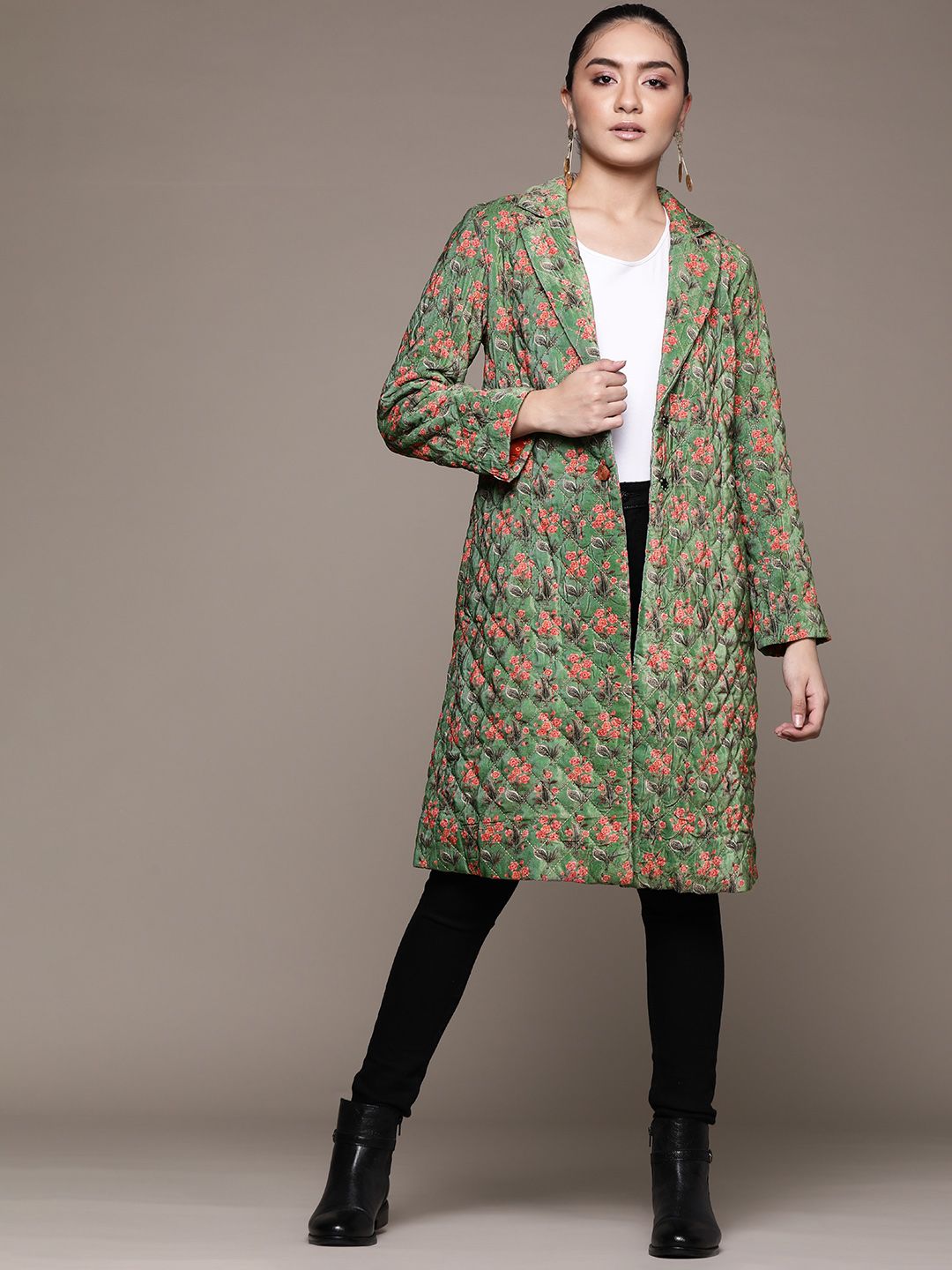Ritu Kumar Green & Orange Floral Print Velvet Finish Quilted Longline Open Front Jacket Price in India