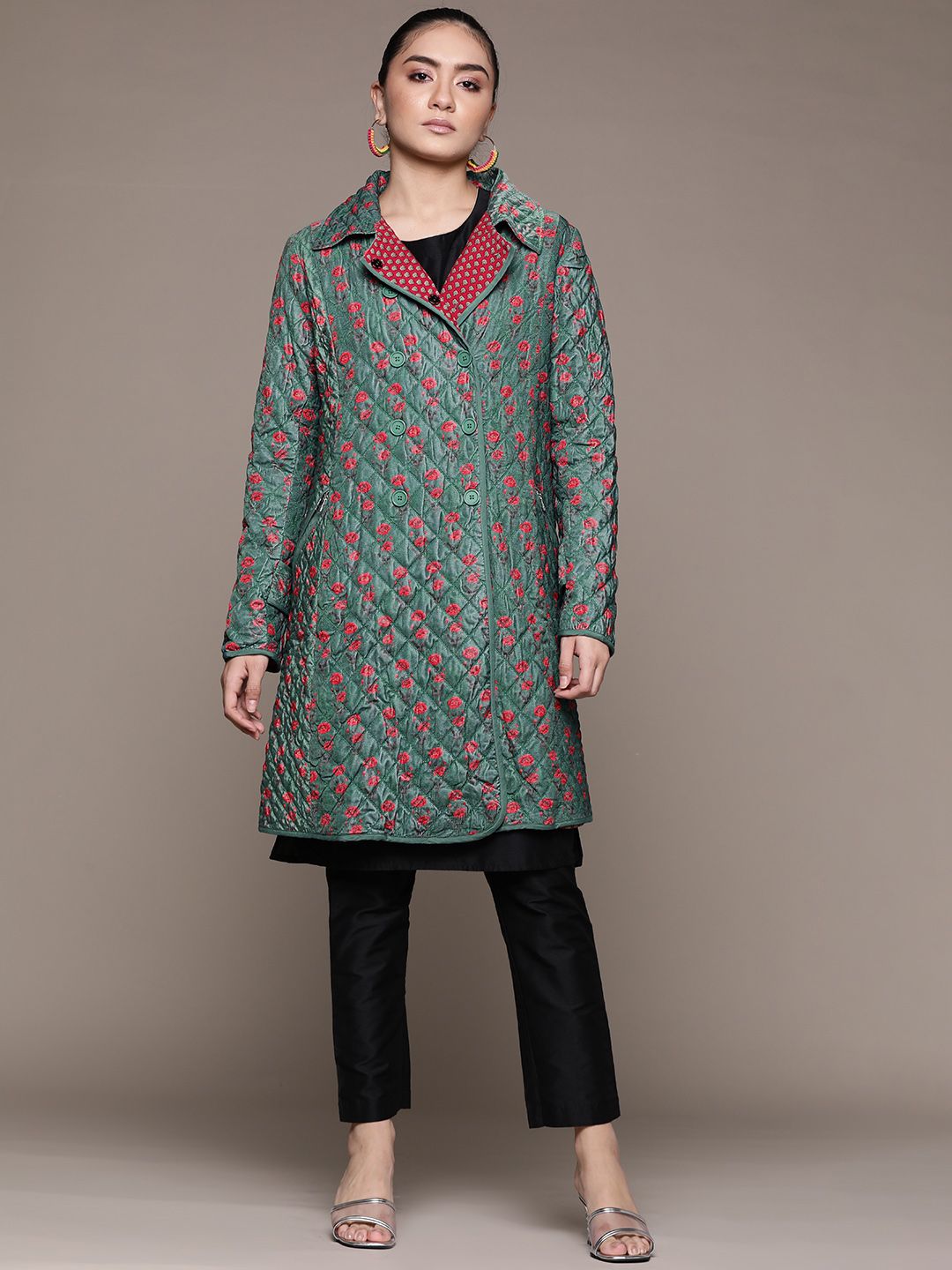 Ritu Kumar Teal Green & Red Floral Print Quilted Velvet Finish Longline Tailored Jacket Price in India