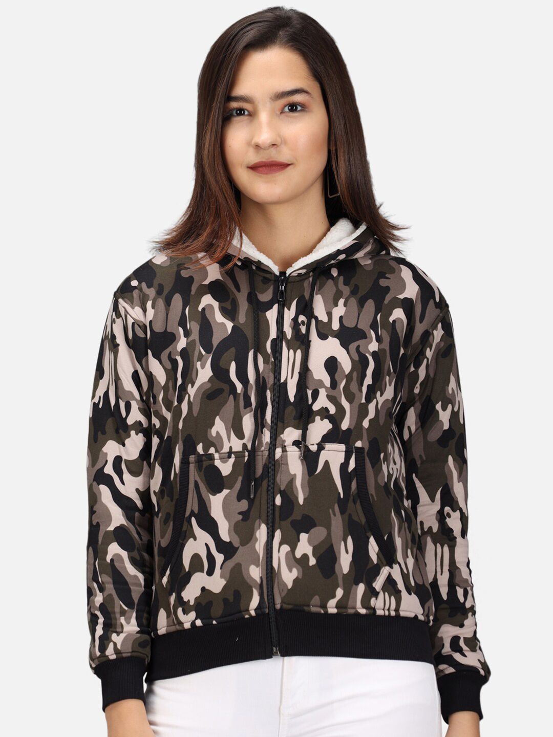 ANTI CULTURE Women Olive Green Printed Fleece Sweatshirt Price in India