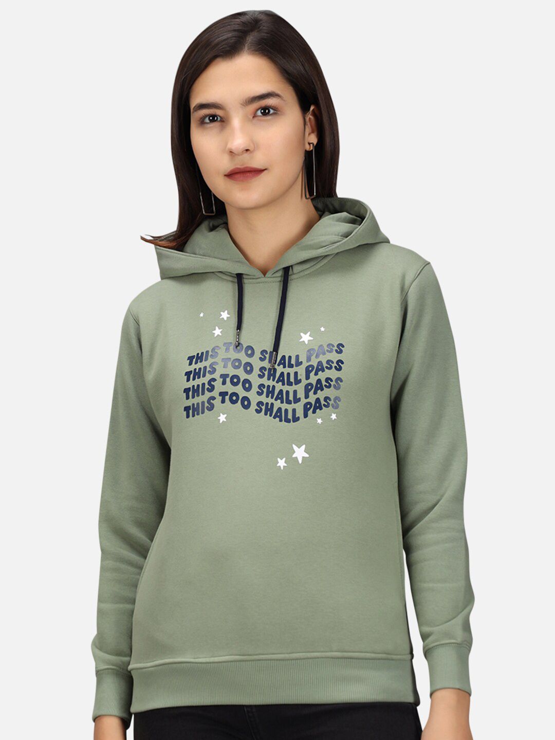 ANTI CULTURE Women Sea Green Printed Hooded Sweatshirt Price in India