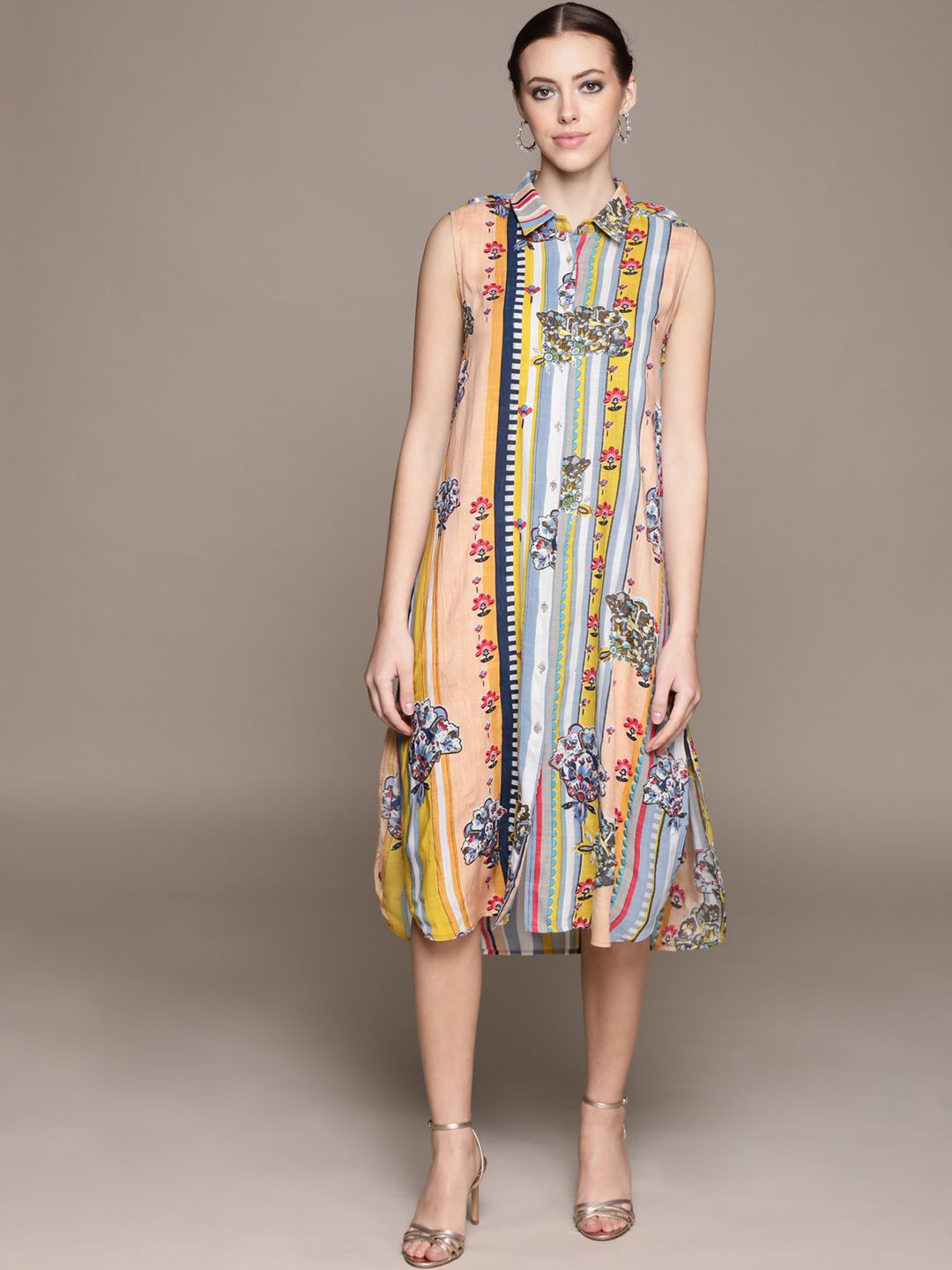 aarke Ritu Kumar Peach-Coloured & Blue Striped & Floral Crepe A-Line Midi Dress with Slits Price in India