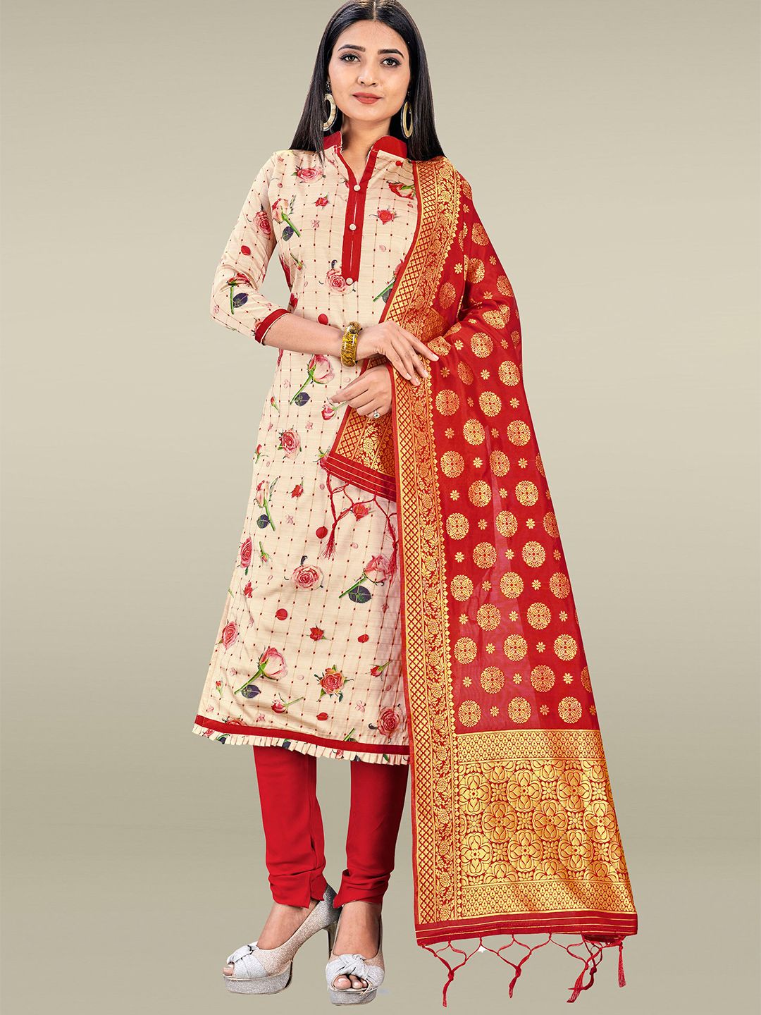 Mitera Women Cream-Coloured & Red Unstitched Dress Material Price in India