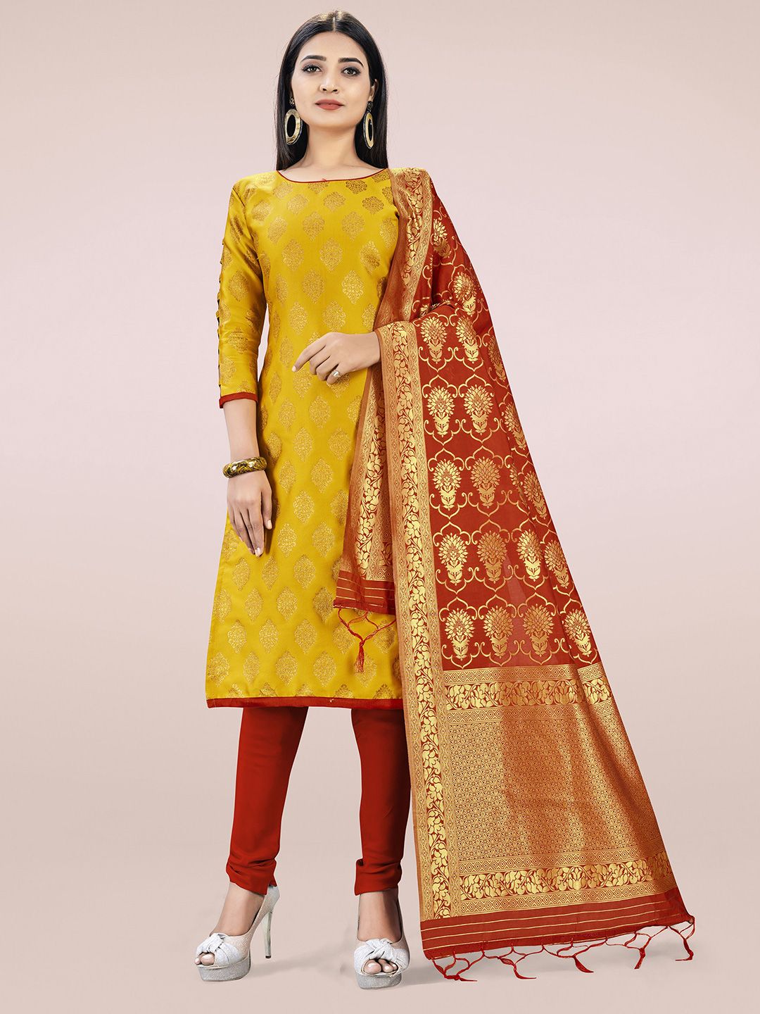 Mitera Mustard & Gold-Toned Unstitched Dress Material Price in India
