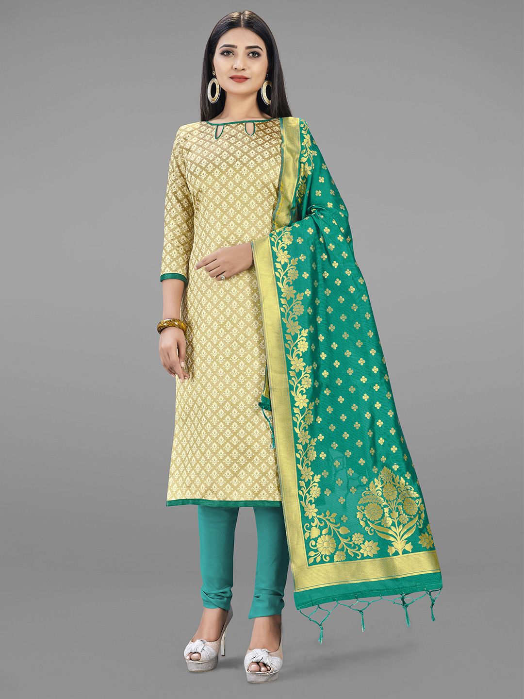 Mitera Cream-Coloured & Green Unstitched Dress Material Price in India