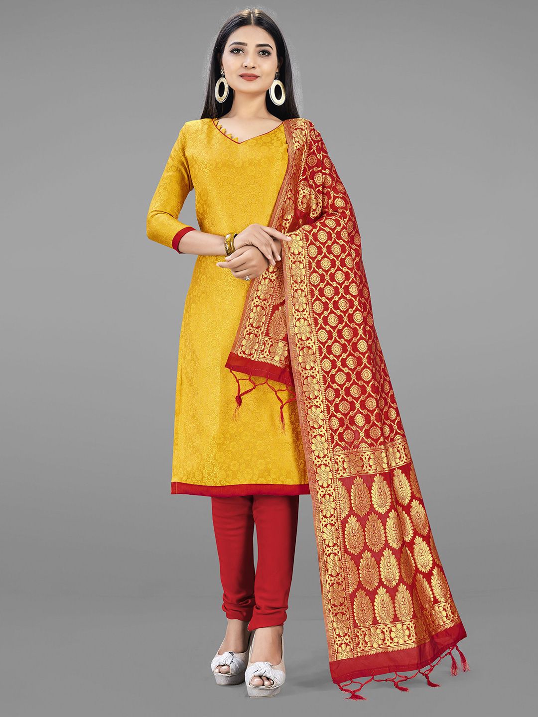 Mitera Yellow & Red Unstitched Dress Material Price in India