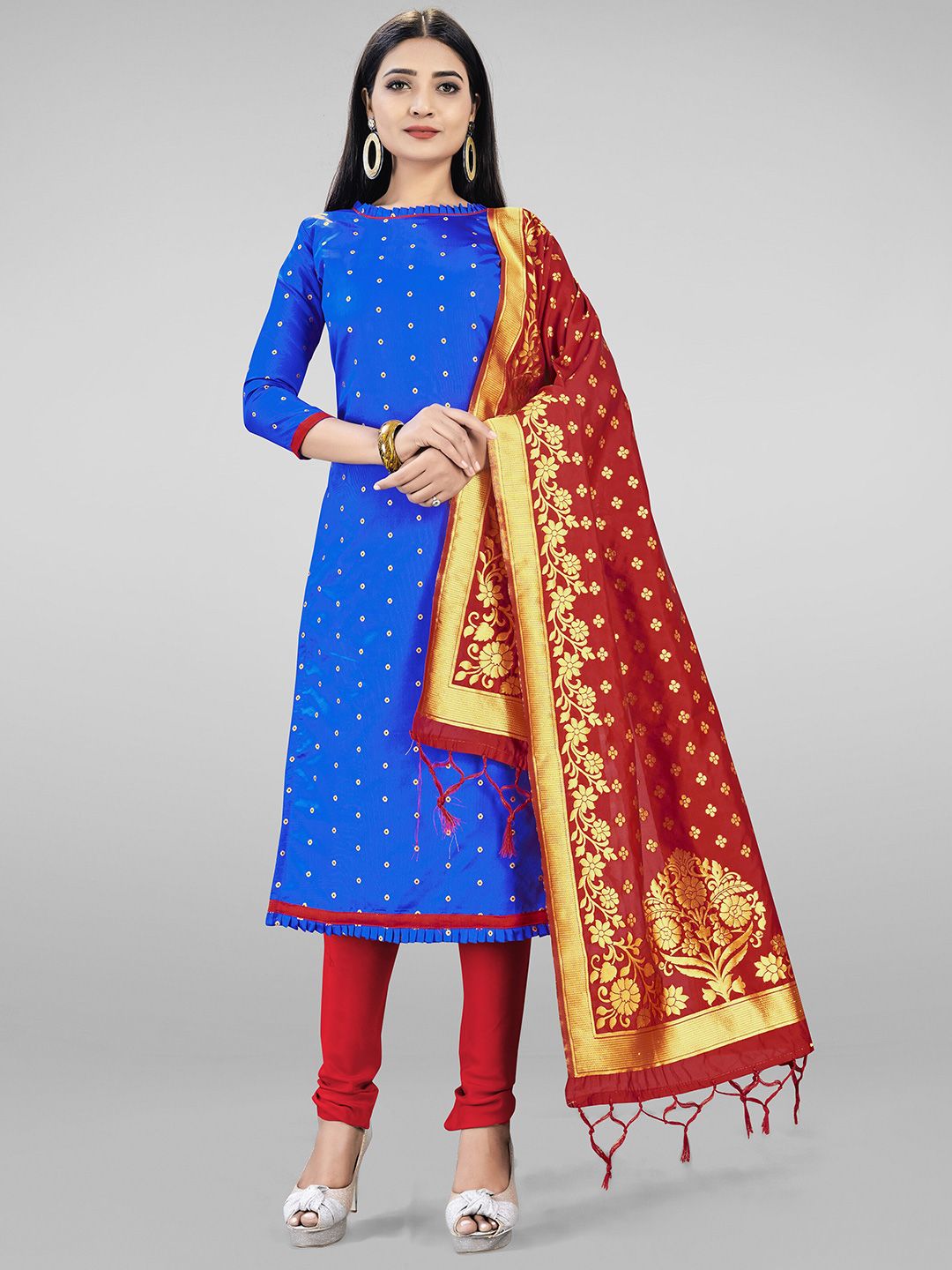 Mitera Blue & Red Silk Blend Unstitched Dress Material Price in India