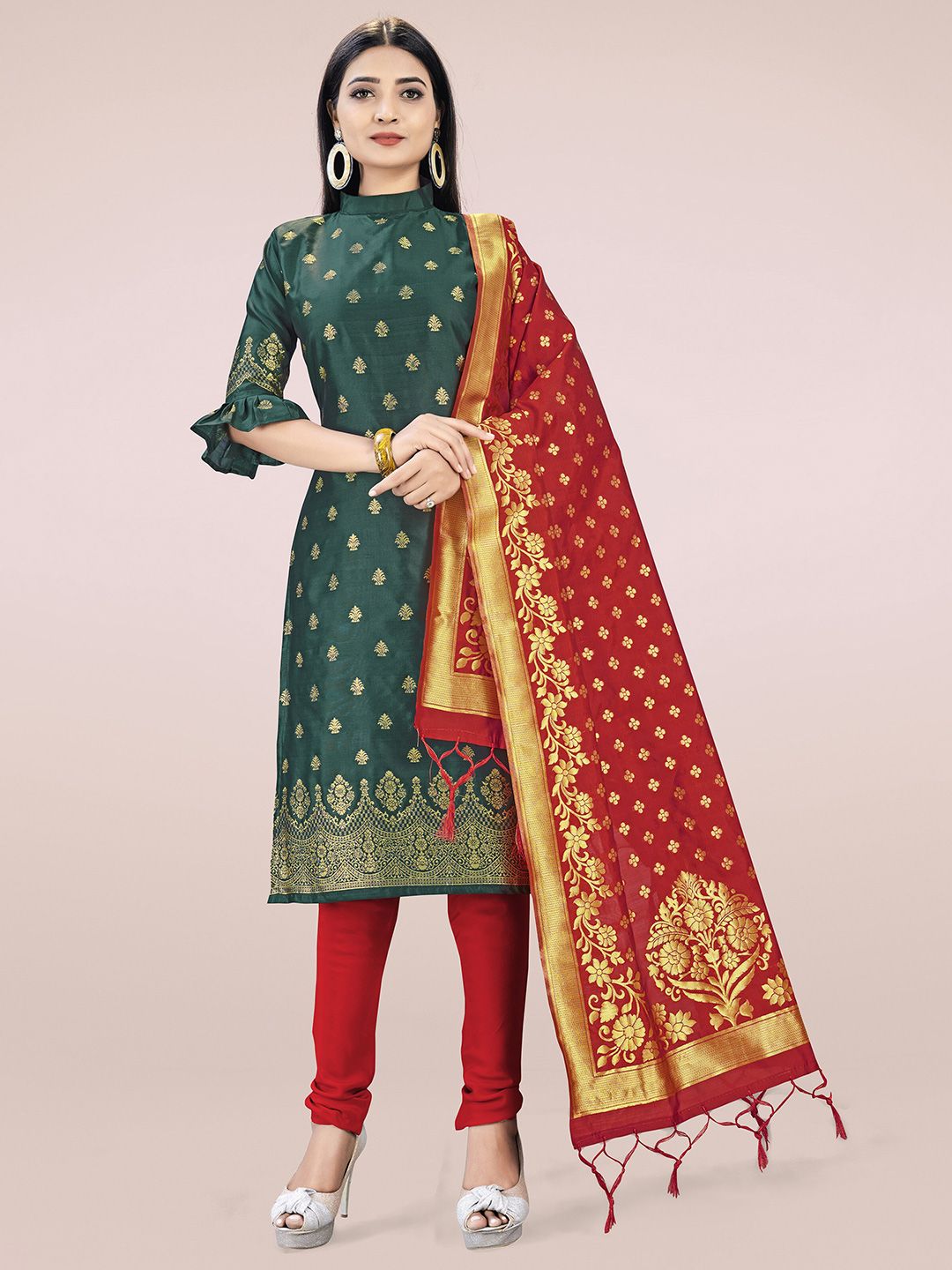 Mitera Women Green & Red Woven Design Unstitched Dress Material Price in India