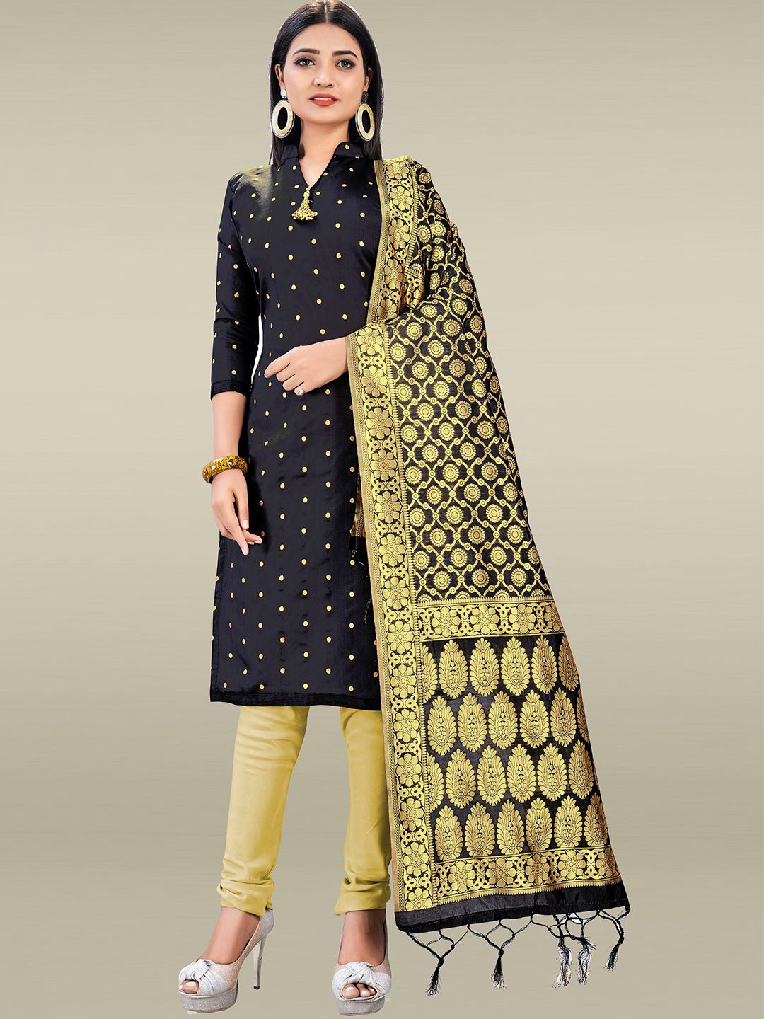 Mitera Black & Gold-Toned Unstitched Dress Material Price in India