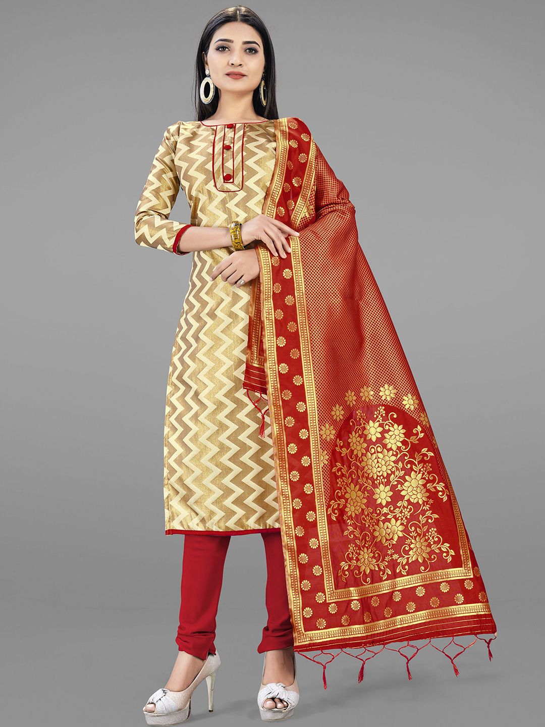 Mitera Cream-Coloured & Red Unstitched Dress Material Price in India