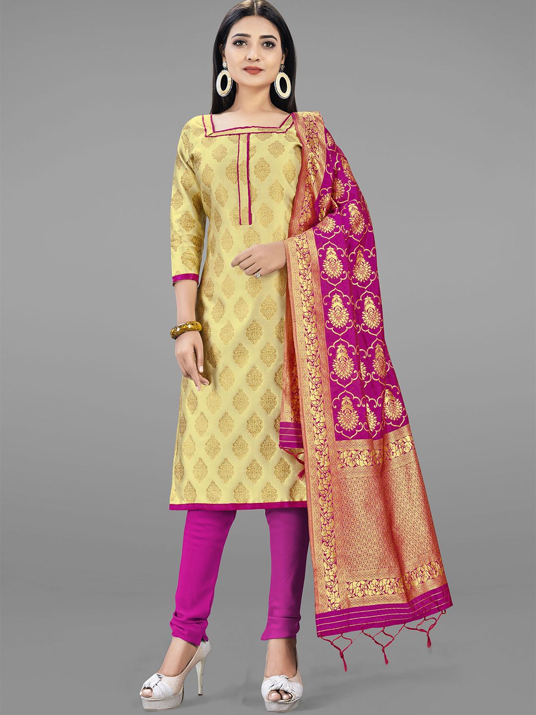 Mitera Women Cream Printed Silk Blend Unstitched Suit Material Price in India