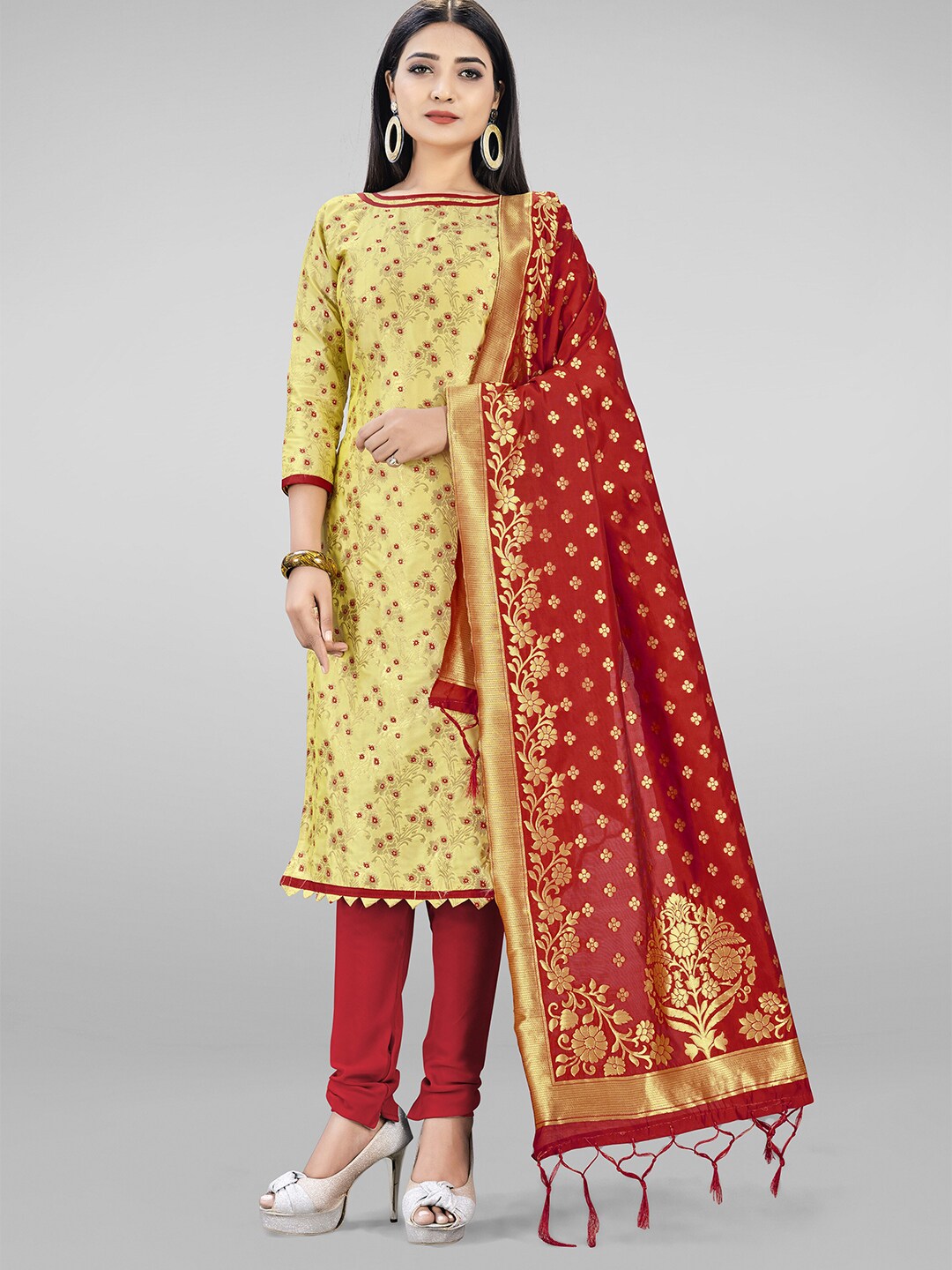Mitera Yellow & Red Printed Unstitched Dress Material Price in India