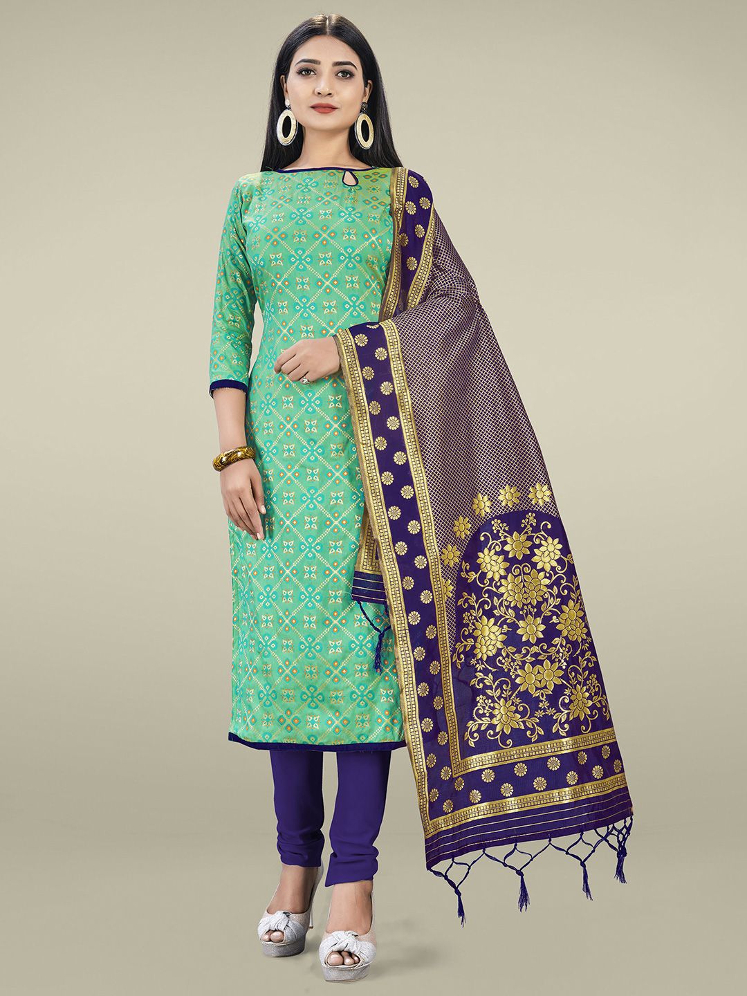 Mitera Women Green & Blue Unstitched Dress Material Price in India