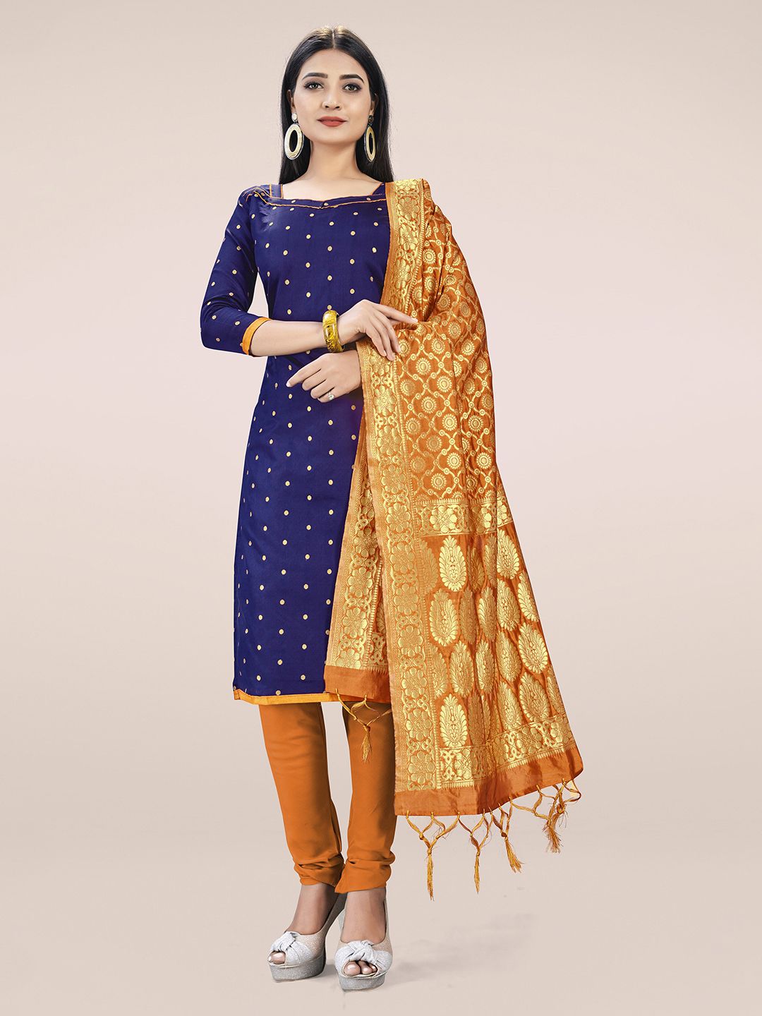 Mitera Blue & Gold-Toned Unstitched Dress Material Price in India