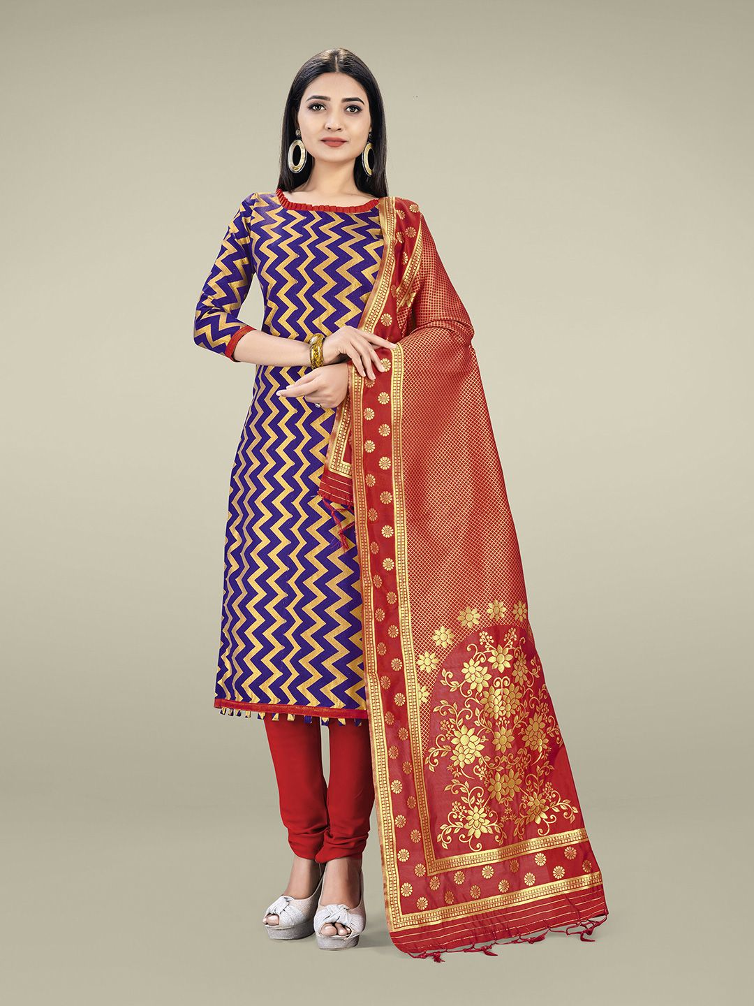 Mitera Navy Blue & Red Unstitched Dress Material Price in India