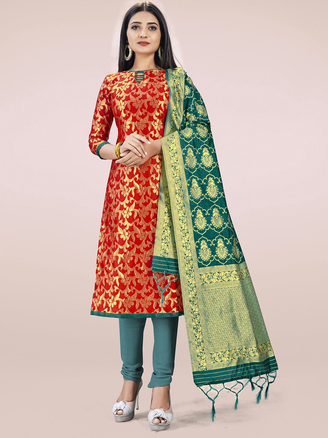 Mitera Red & Green Silk Blend Unstitched Dress Material Price in India