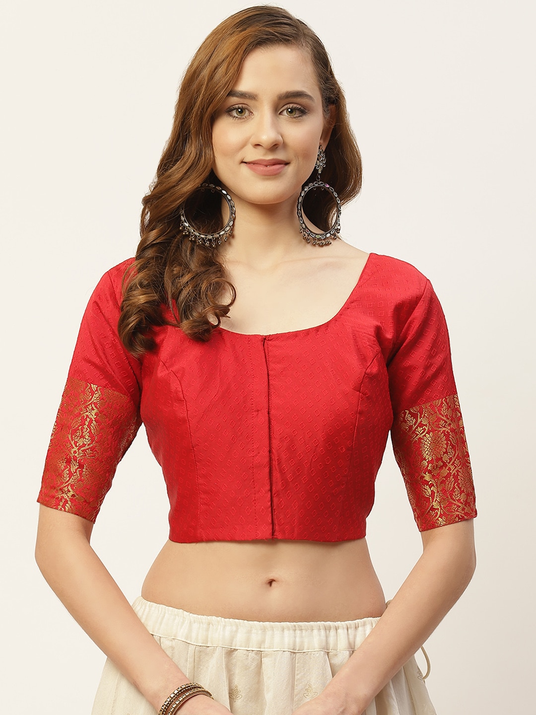 Studio Shringaar Women Red Woven Design Saree Blouse Price in India