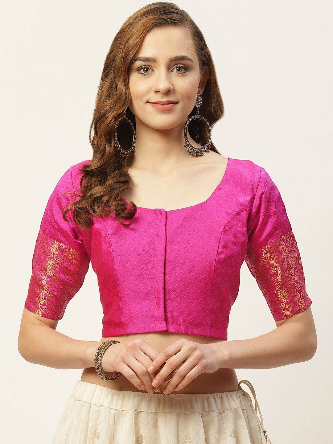 Studio Shringaar Women Pink Woven Design Saree Blouse Price in India