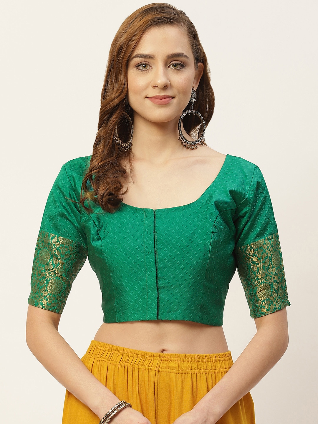 Studio Shringaar Women Green Woven Design Saree Blouse Price in India