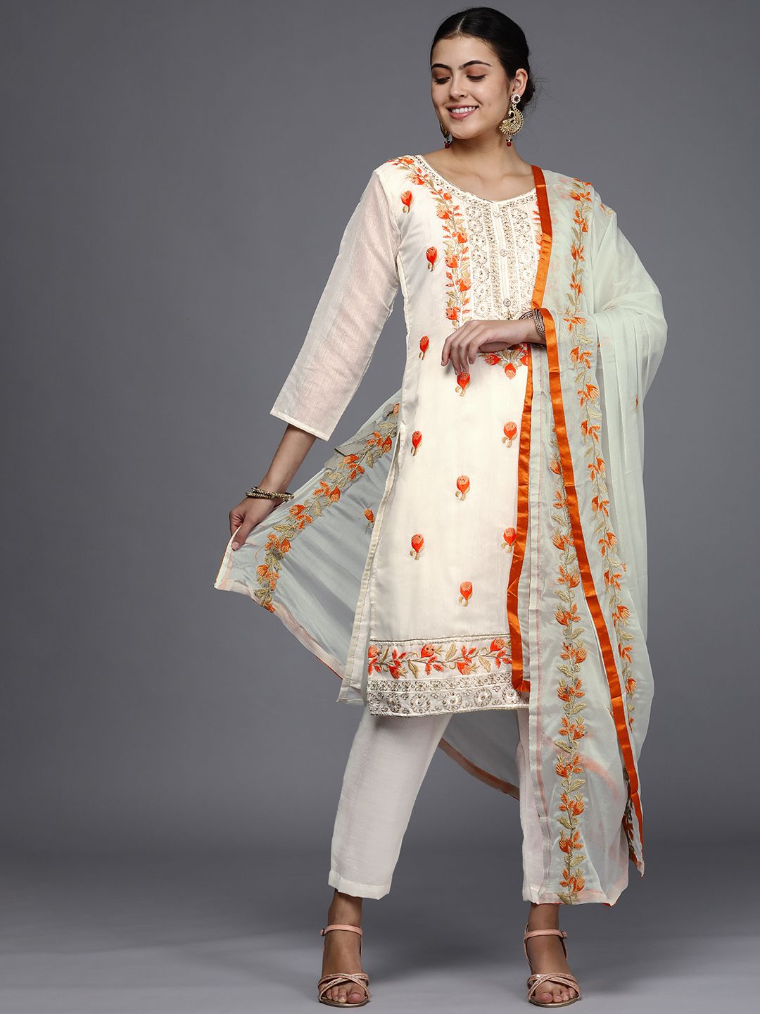 Mitera White Embroidered Unstitched Dress Material Price in India