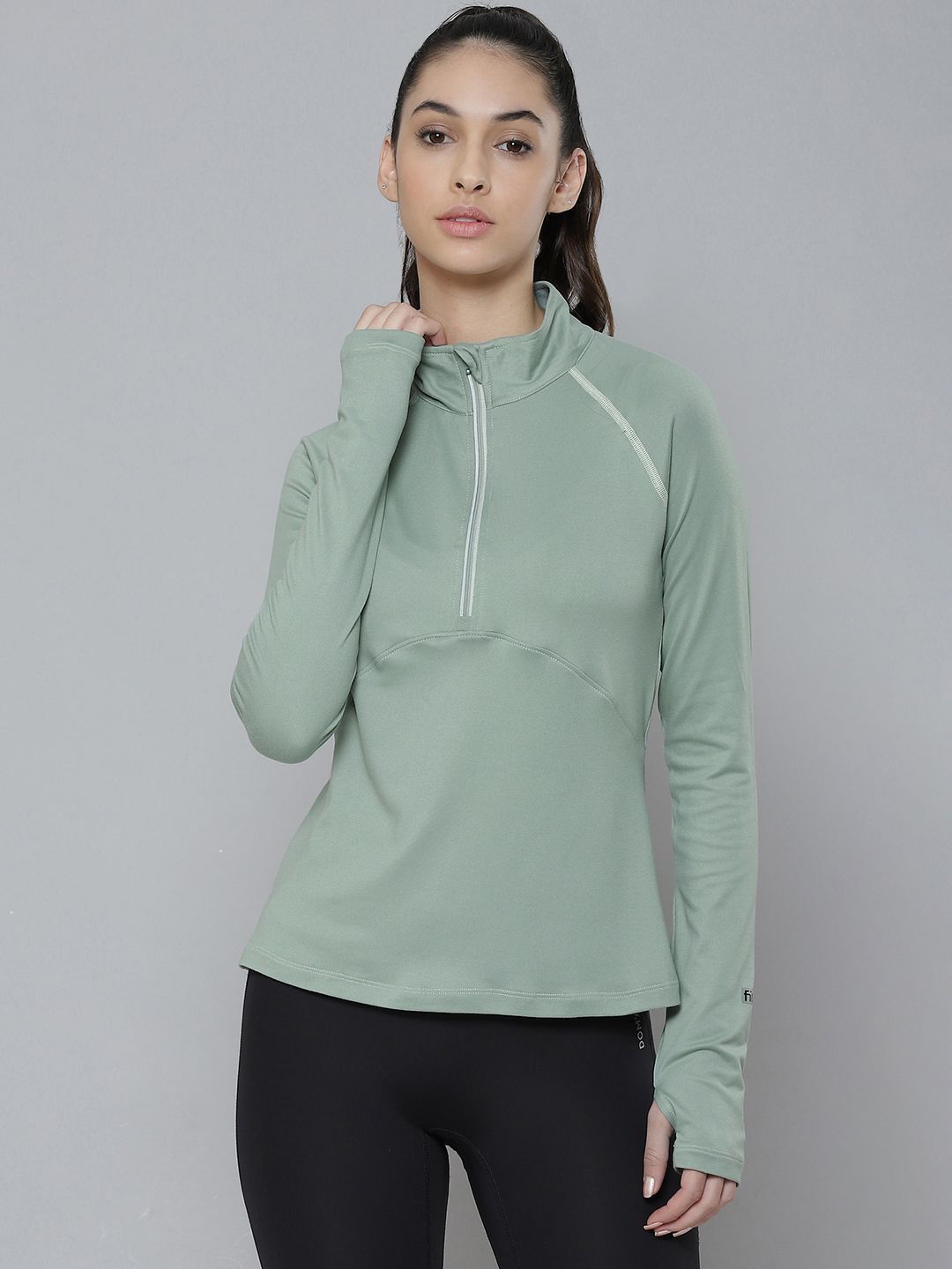 Fitkin Women Green High Neck Training or Gym T-shirt Price in India