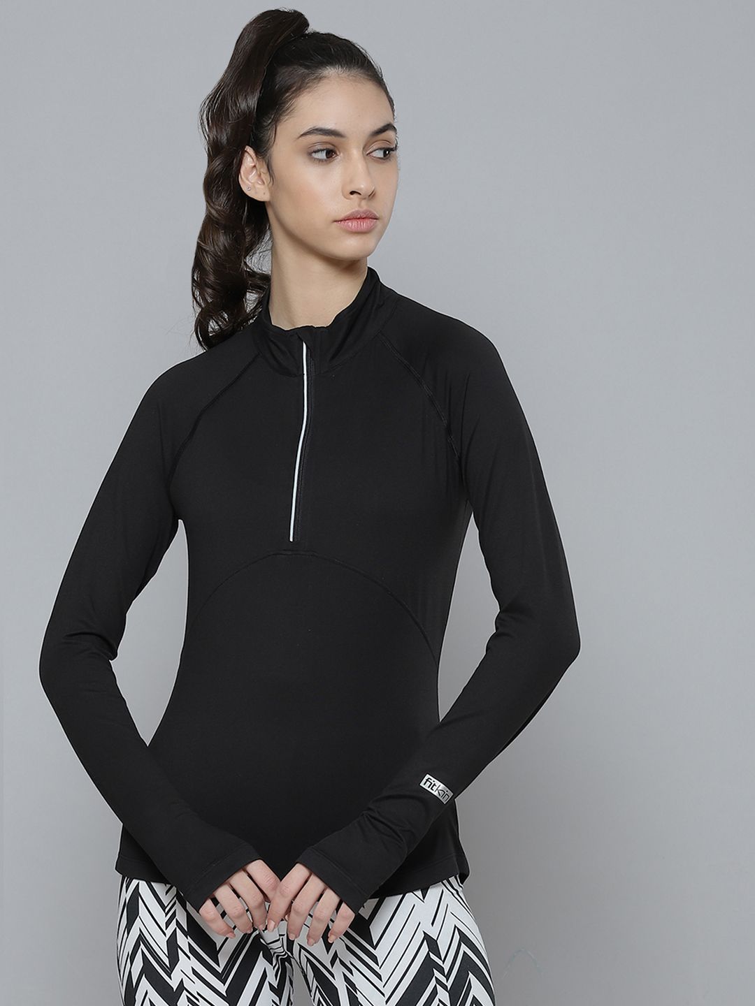 Fitkin Women Black Solid High Neck Training T-shirt Price in India